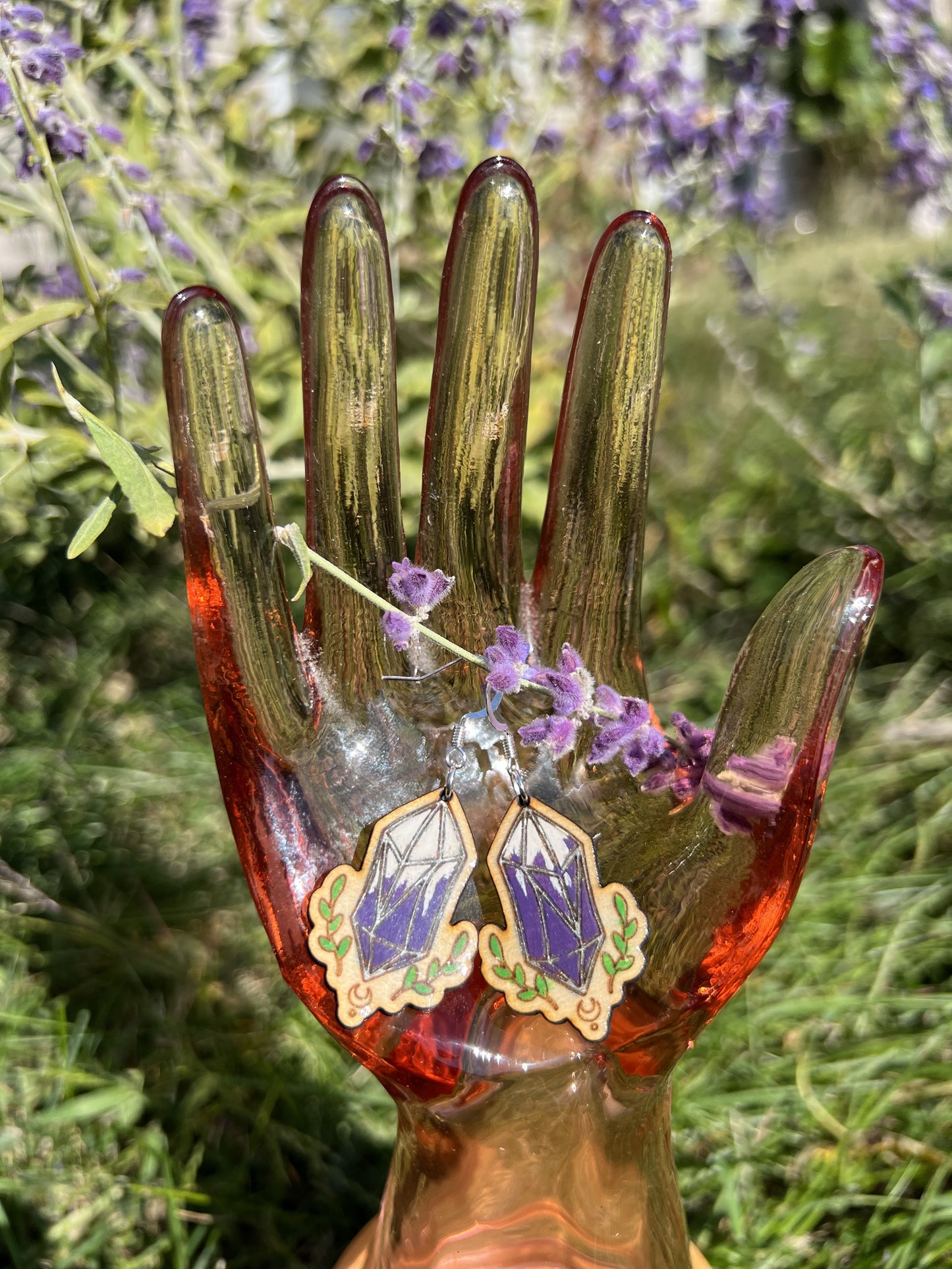 Purple Crystal lasercut Wooden Earring