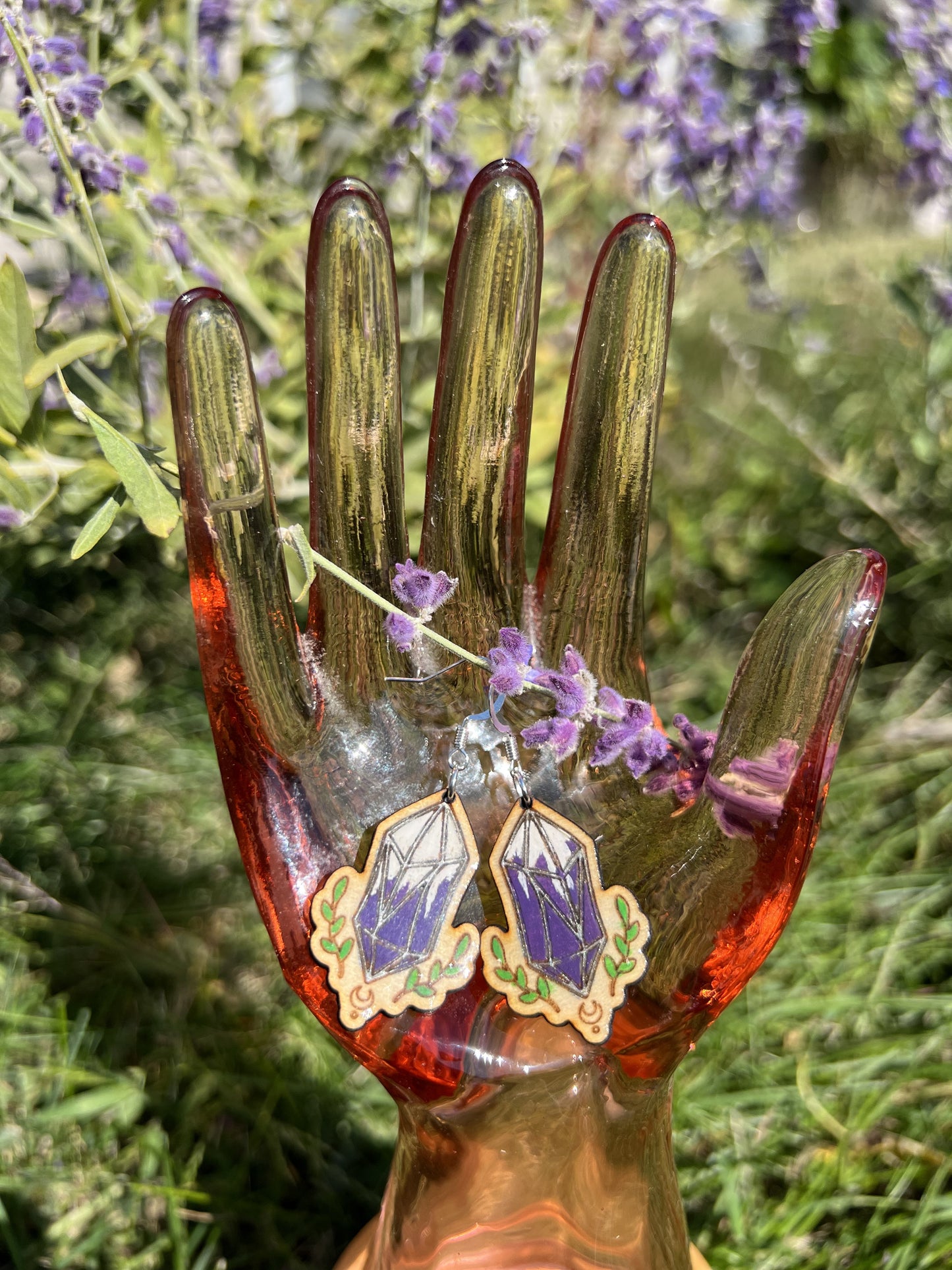 Purple Crystal lasercut Wooden Earring